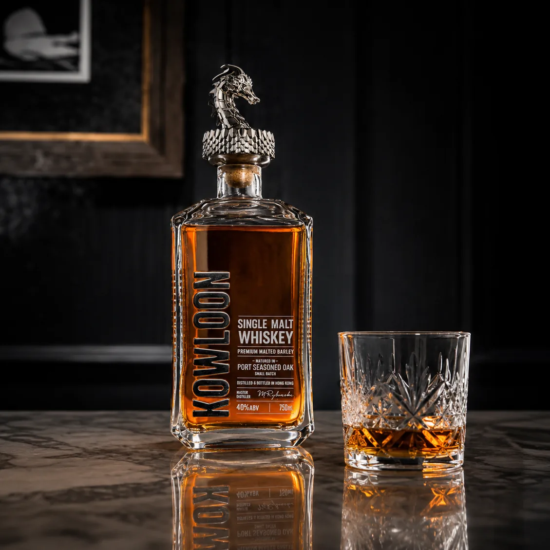 Kowloon Single Malt Whiskey with a crystal glass